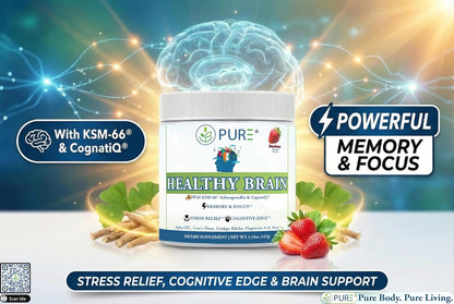 PURE® Healthy Brain Nootropic Powder - 30 Servings - 1.25g Lion’s Mane, 600mg Alpha-GPC & KSM-66® Ashwagandha - Cognitive Support for Memory, Focus & Stress Relief - 144 Grams, Mango Flavor!