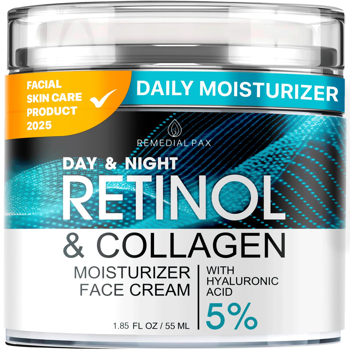 Face Moisturizer Retinol Cream, Anti Aging Neck Firming Cream, Collagen Day & Night Face Cream with Hyaluronic Acid for Women & Men, 1.85 Fl Oz