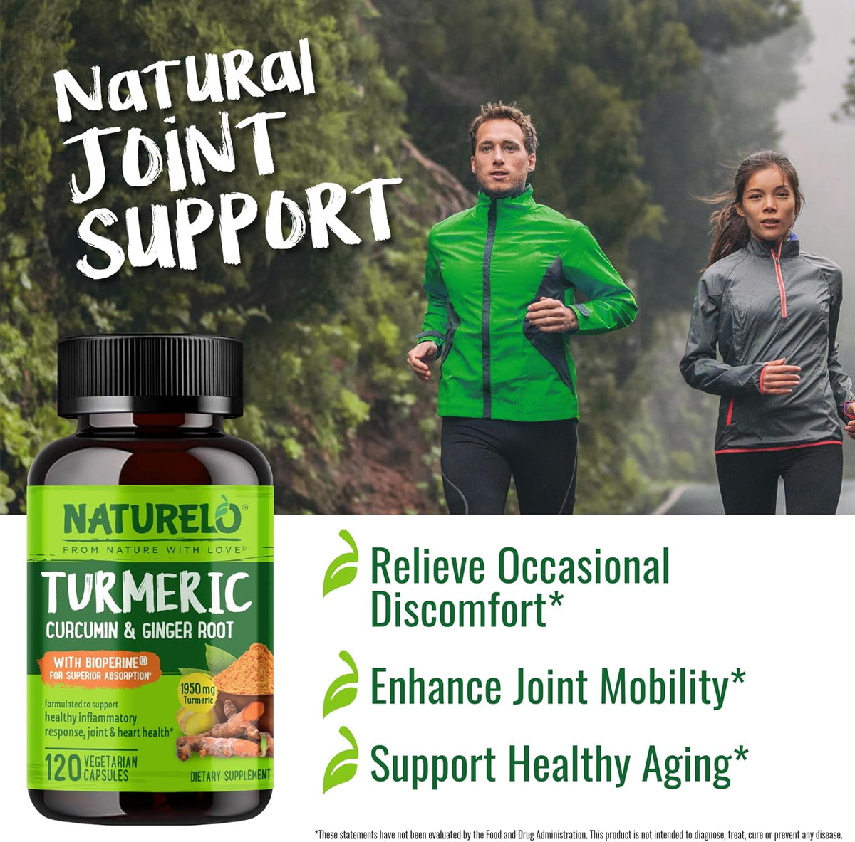 NATURELO Turmeric Curcumin - BioPerine for Better Absorption - Black Pepper, Ginger Root, Curcuminoids - Plant-Based Joint Discomfort Support - 120 Vegan Capsules