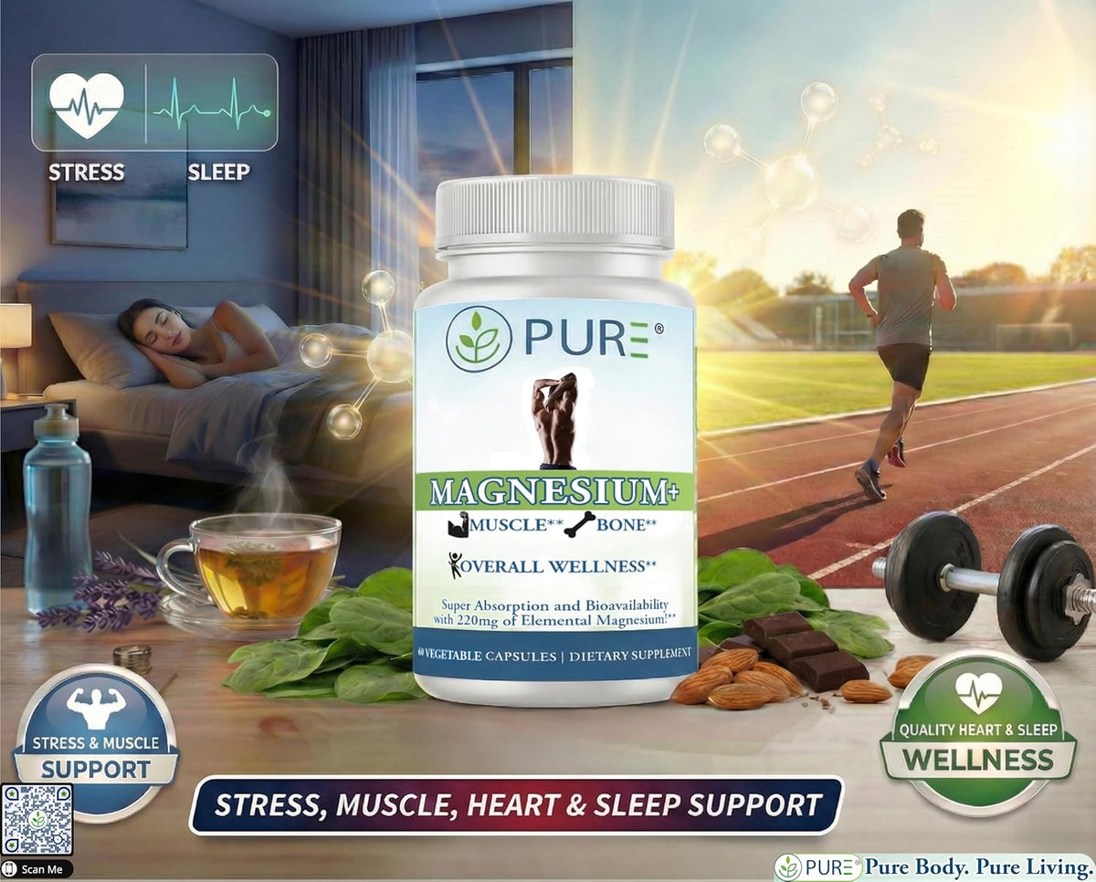 PURE® Magnesium+ High Absorption Supplement - 220mg Elemental Magnesium Bisglycinate Complex - 60 Capsules, 30 Servings - Vitamin B6 & BioPerine® for Maximum Uptake - Muscle, Sleep & Nerve Support