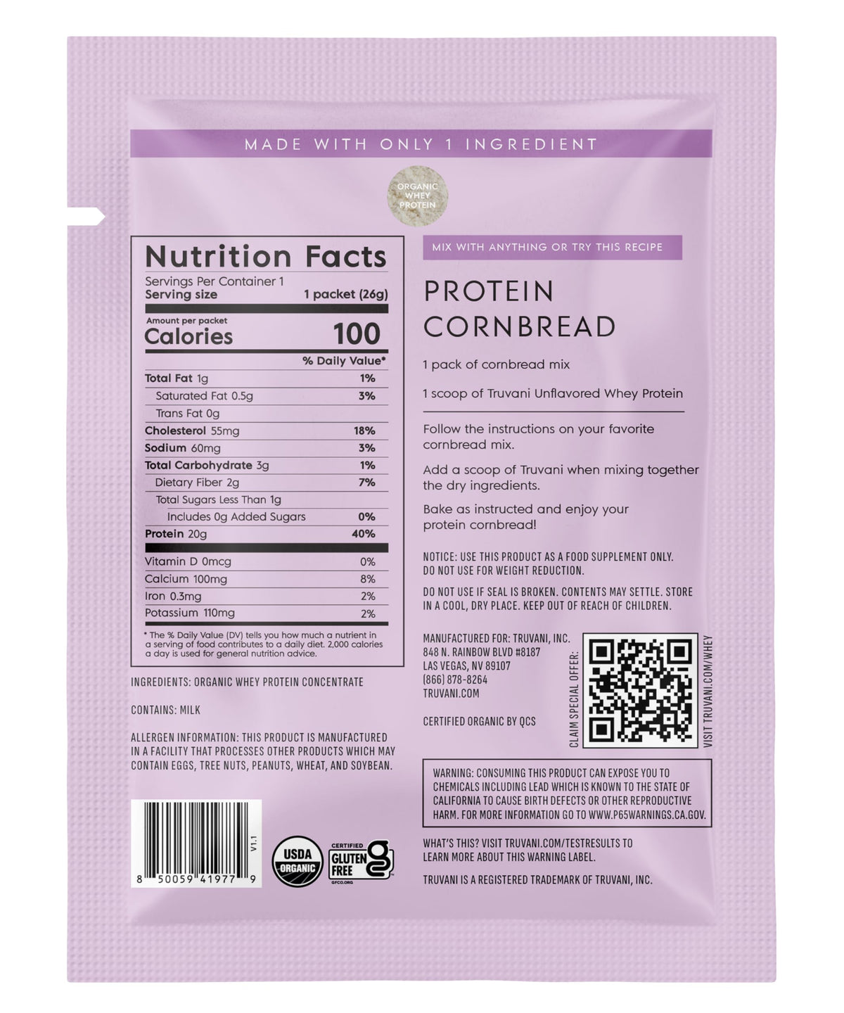 Truvani Organic Whey Protein Powder | Vanilla | 1 Serving | 20g Grass Fed Whey Protein | USDA Organic & Non-GMO | Gluten Free | No Gums, No Soy, No Stevia, No Added Sugars