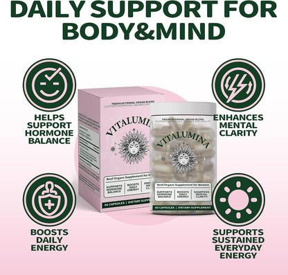 Primal Beef Organ Supplement for Women – Grass-Fed Beef Liver, Heart & Kidney Capsules – Traditional Ancestral Nutrition for Daily Vitality & Mental Clarity – Non-GMO, Gluten-Free – 60 Capsules