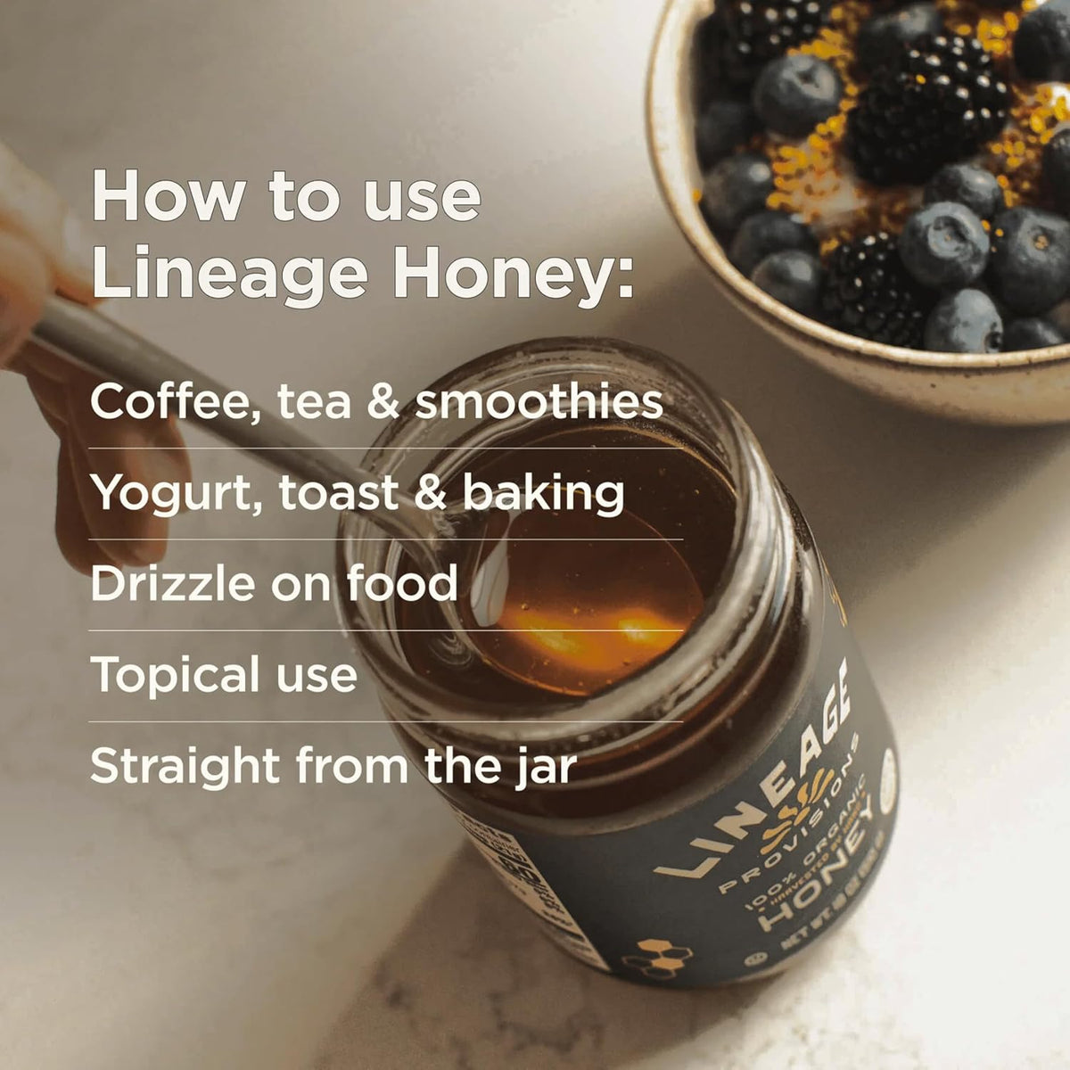 Lineage Provisions Raw Unfiltered Honey, 3-Pack, 18 oz Glass Jars | Undetectable glyphosate, chemical-free, gluten-free & non-GMO. No heating, processing, straining or additives.