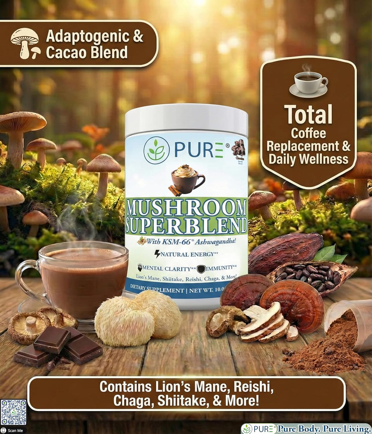 PURE® Mushroom Superblend - 30 Servings - 2000mg Lion’s Mane with KSM-66® Ashwagandha & Organic Cacao - Caffeine-Free Focus, Memory & Stress Relief Morning Ritual - Made in USA