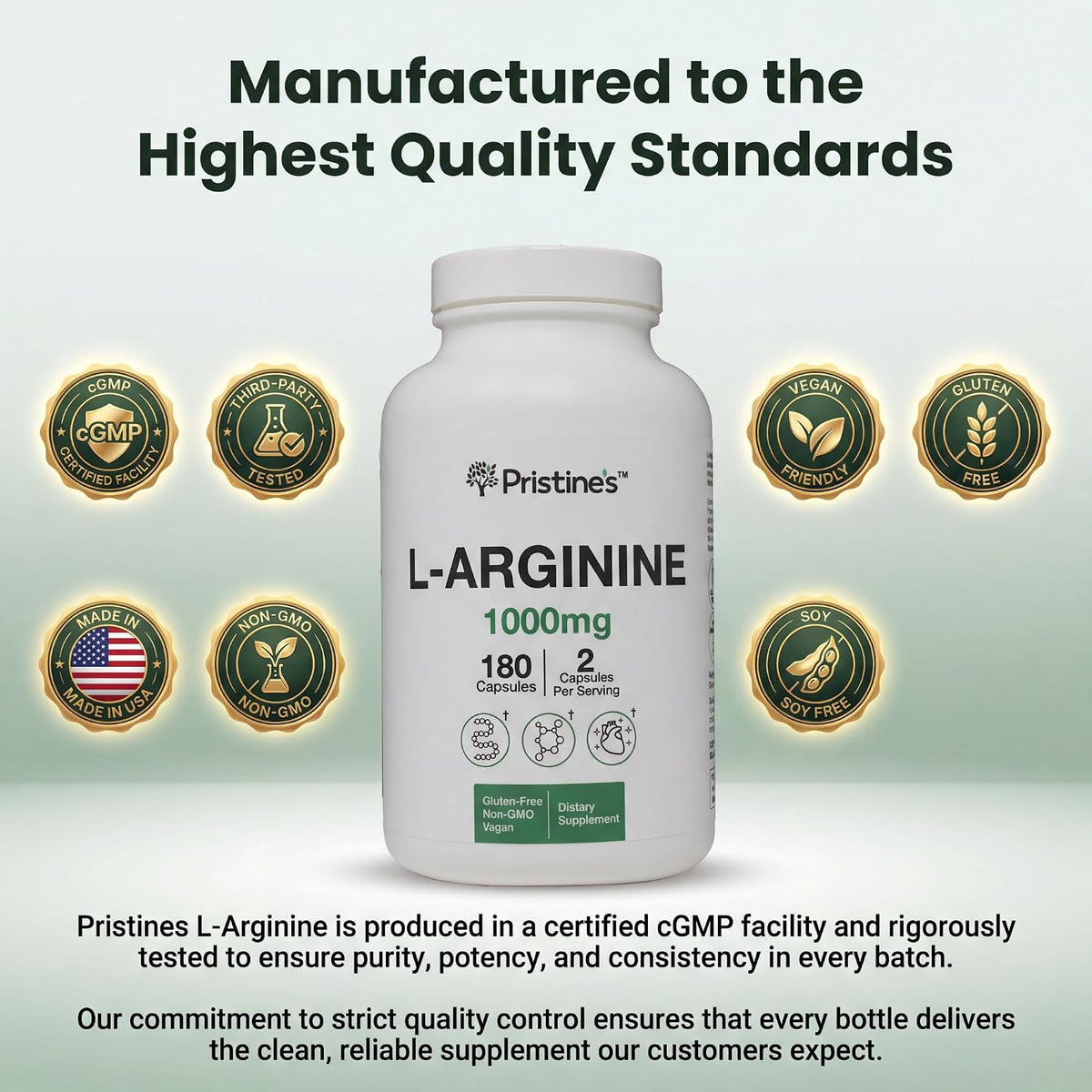 PRISTINE'S L-Arginine 1000mg Capsules, Nitric Oxide Blood Flow Support | Pre-workout amino acid support for blood flow and nitric oxide production. 90 day supply, vegan, non-GMO, gluten-free