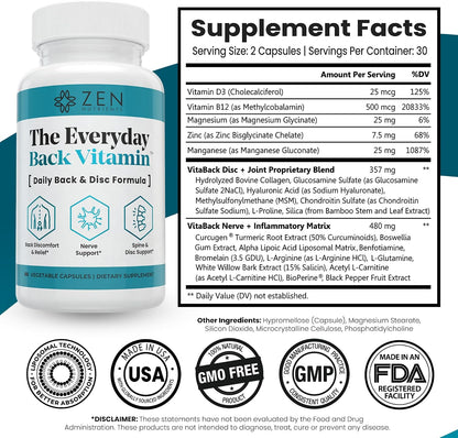 Zen Nutrients The Everyday Back Vitamin for Lower Back Relief & Nerve Function Support Supplement - Back, Disc and Nerve Relief with Alpha Lipoic Acid, Turmeric & Glucosamine (60 Capsules)
