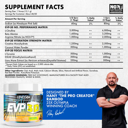 Evogen EVP 3D Stim Free Pre-Workout | Citrus Candy | 40 Servings | Arginine nitrate, L-citrulline, beta-alanine and creatine with lion's mane, L-tyrosine and DMAE for pumps and focus
