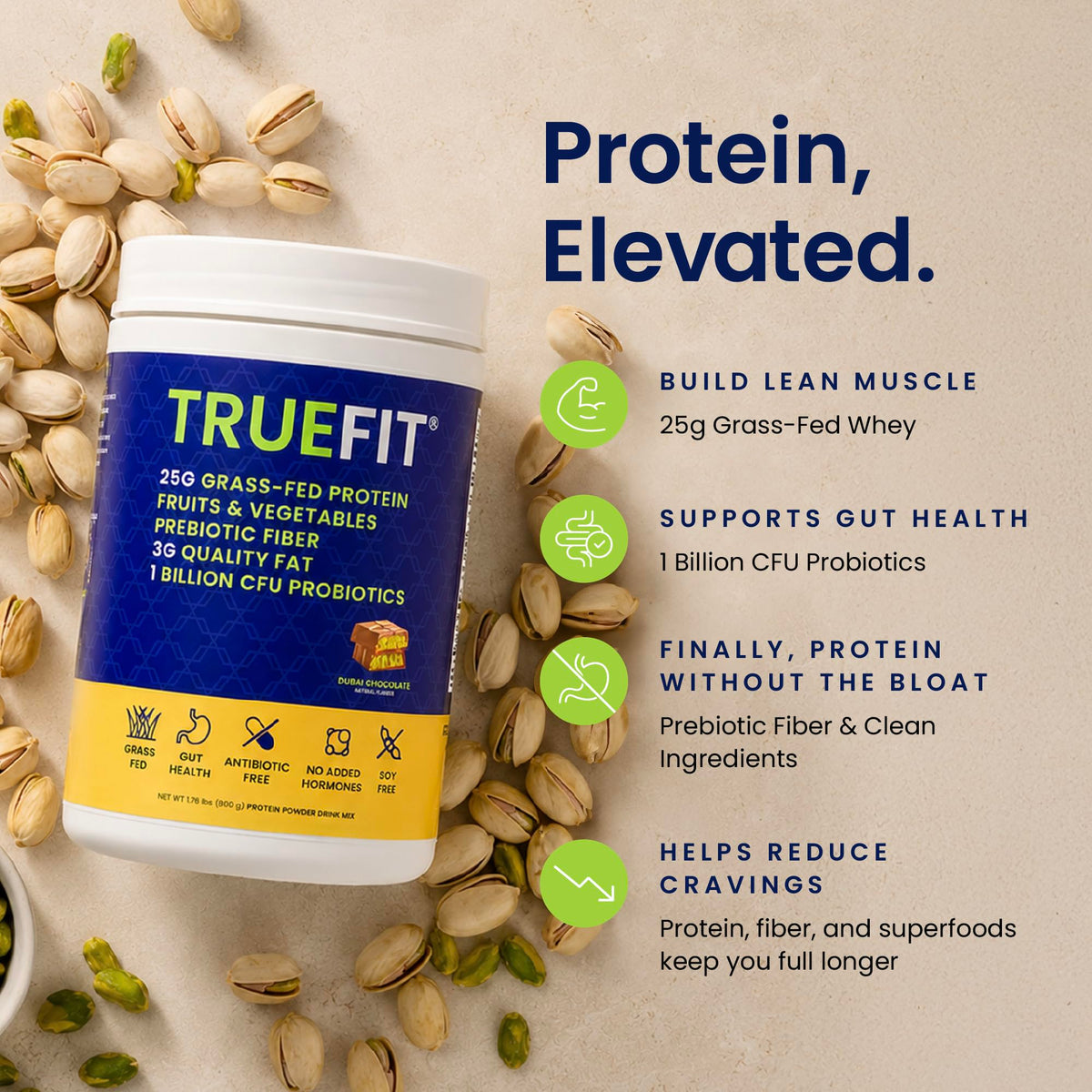 TrueFit Grass-Fed Whey Protein Powder + Fiber & Probiotics, Vanilla Shake | 25g Gut Healthy Protein with Fiber, Probiotics & Non-GMO Superfoods for Complete Meal Replacement Shake with Nothing Fake