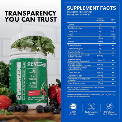 Evogen Evogreens Super Greens | Wellness | Berry | 30 Servings | Spirulina, Vitagranate pomegranate extract and Bacillus probiotics; properly dosed for recovery, detox and immune health