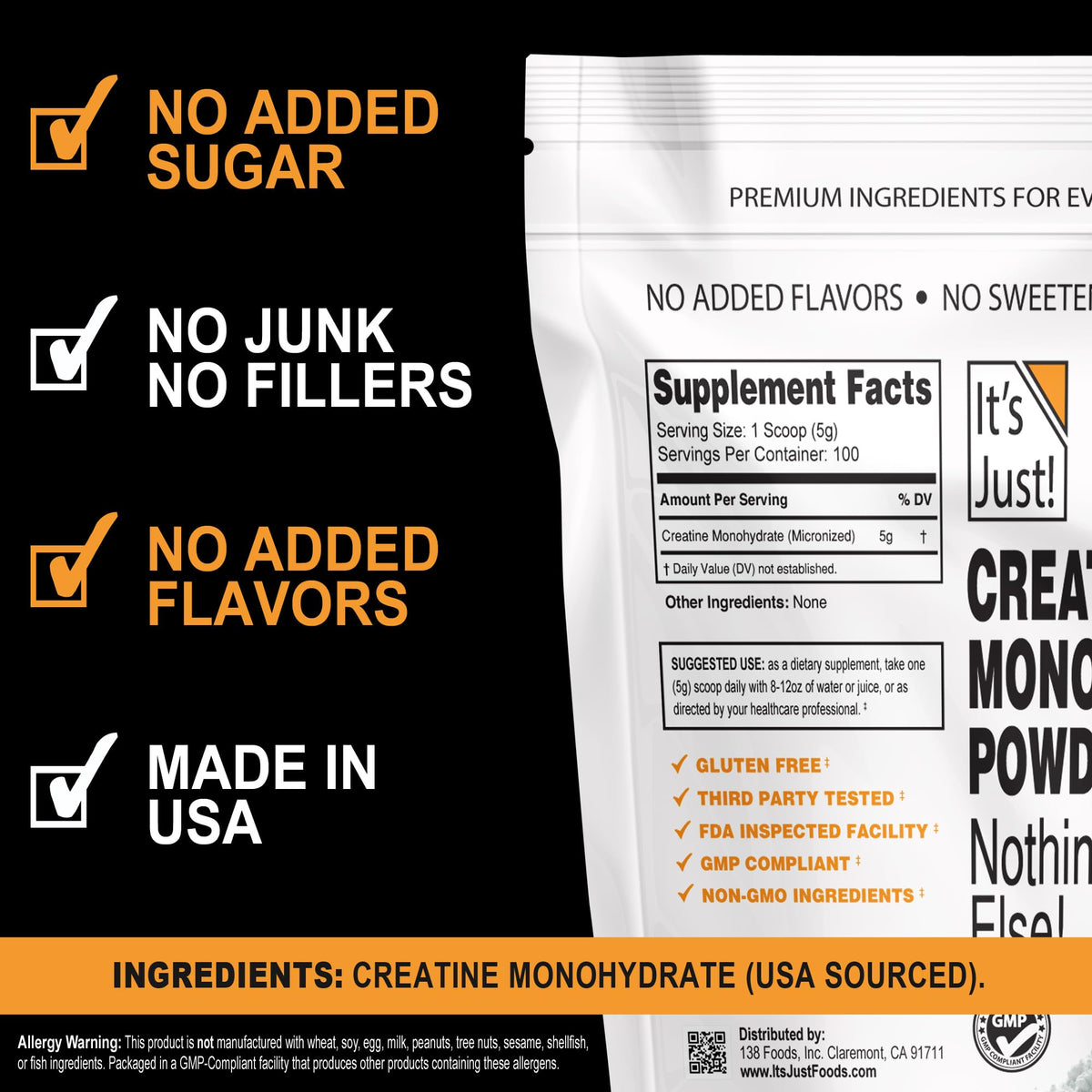 It's Just! - Creatine Monohydrate Powder, Pure Creatine Powder, Made in USA, 3rd Party Lab Tested, 5g Per Serving, Scoop Included, No Fillers, No Added Flavor (Unflavored, 500g / 100 Servings)