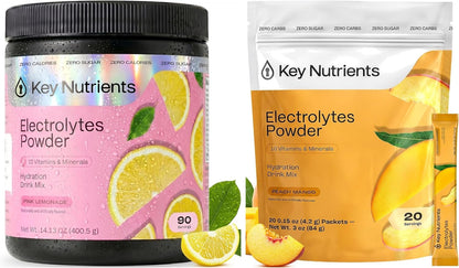 KEY NUTRIENTS Electrolytes Powder Bundle, Sweet Pink Lemonade 90 Servings Jar + Tropical Peach Mango 20 Count Packets, Sugar Free Hydration Travel Drink Mix with Vitamins & Minerals, No Calories