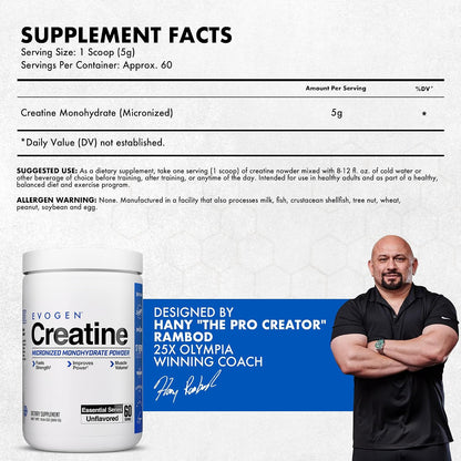 Evogen Creatine Monohydrate | Micronized | Unflavored | 60 Servings | Pure powder for strength, power and recovery; mixes easily, for men and women