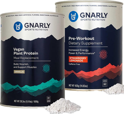 Gnarly Vegan Plant Protein, Meal Replacement - Vanilla (28.2oz) and Gnarly Preworkout Strawberry Lemonade Caffeine Free (14.82oz)