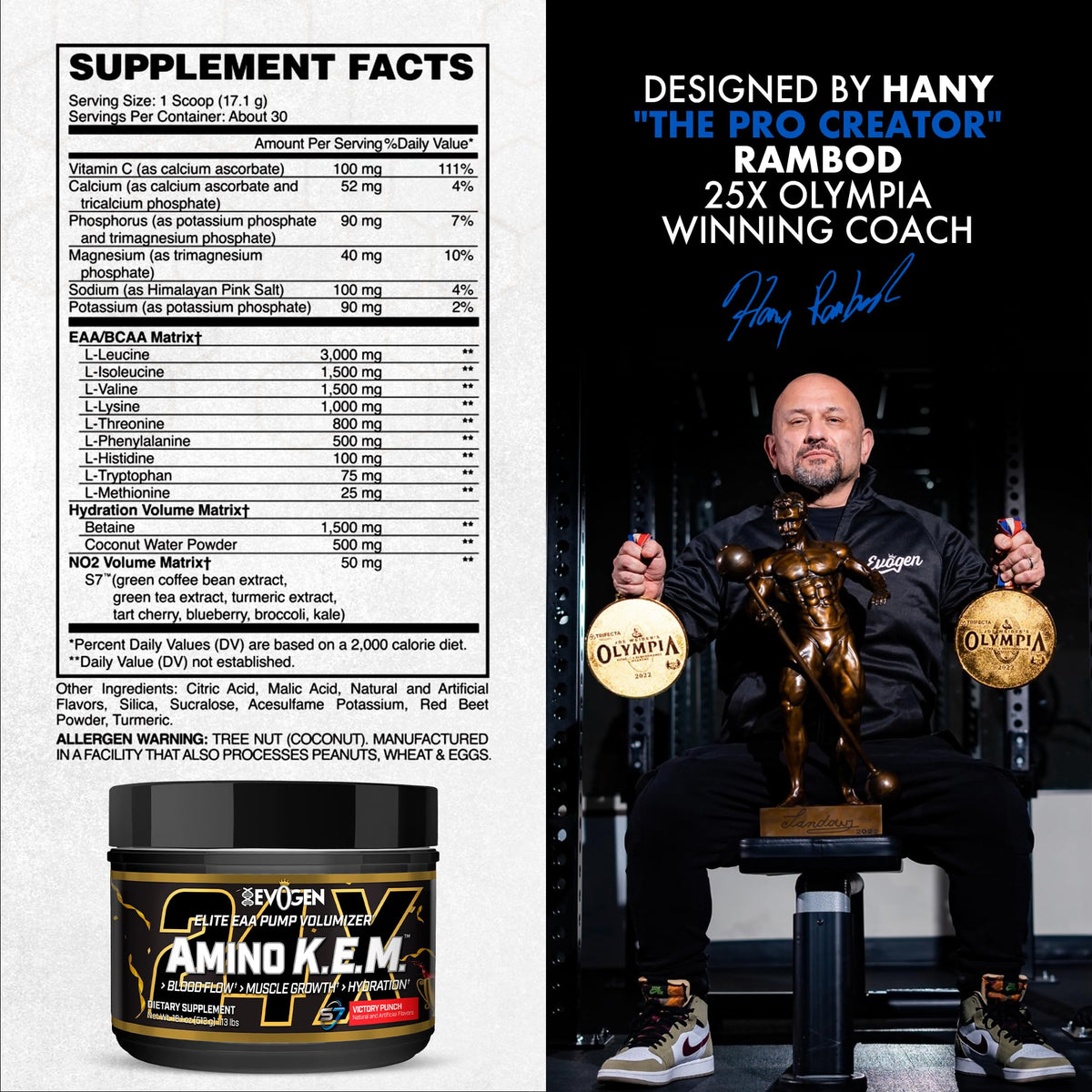 Evogen Amino K.E.M. EAA & BCAA | Tropic Thunder | 30 Servings | S7 nitric oxide blend with betaine anhydrous, coconut water and leucine for blood flow, muscle growth, hydration and recovery