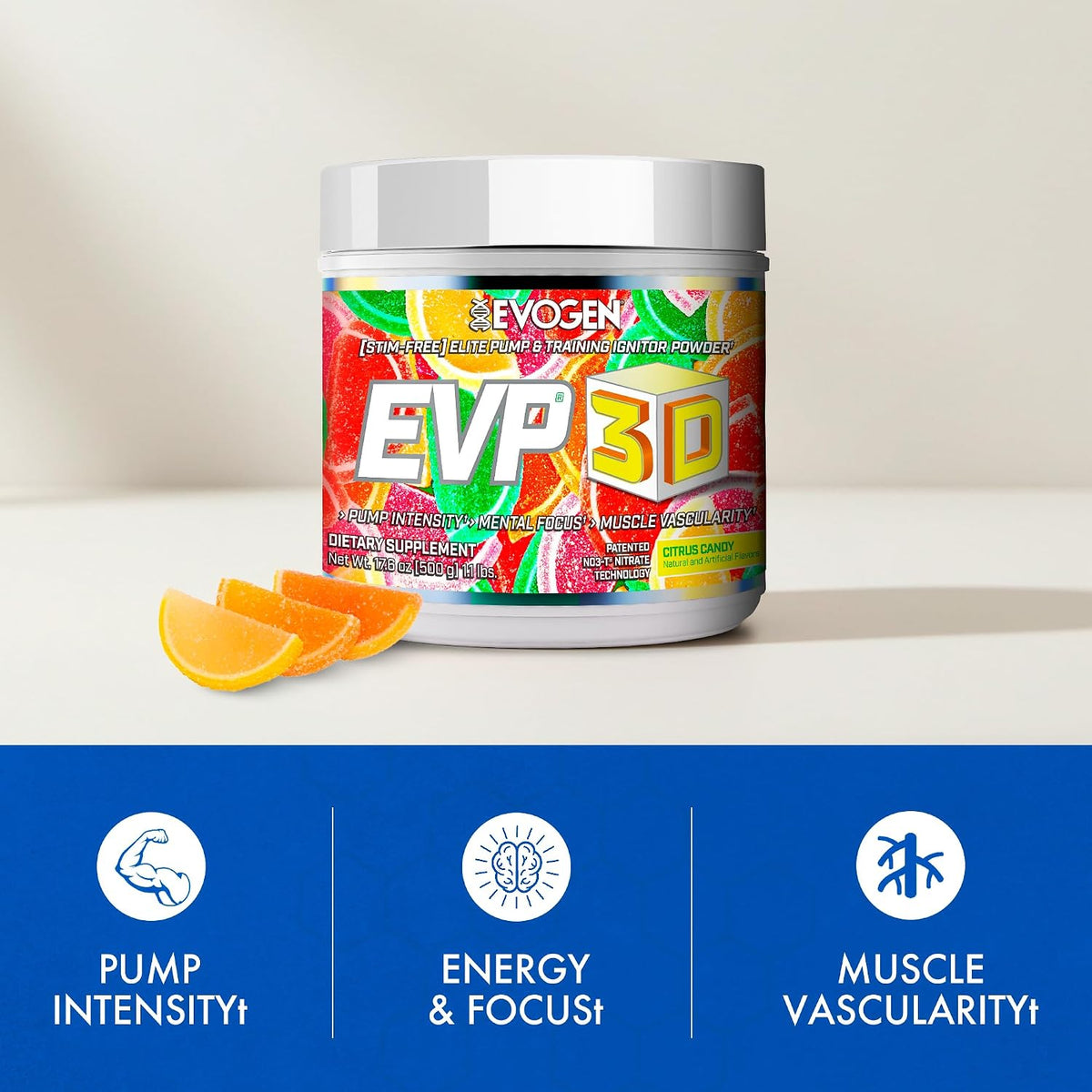 Evogen EVP 3D Stim Free Pre-Workout | Citrus Candy | 40 Servings | Arginine nitrate, L-citrulline, beta-alanine and creatine with lion's mane, L-tyrosine and DMAE for pumps and focus