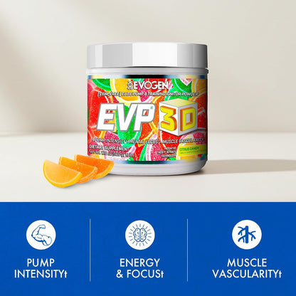 Evogen EVP 3D Stim Free Pre-Workout | Citrus Candy | 40 Servings | Arginine nitrate, L-citrulline, beta-alanine and creatine with lion's mane, L-tyrosine and DMAE for pumps and focus