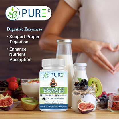 PURE® Digestive Enzymes+ with Probiotics - 60 Capsules - Advanced Gut Health & Bloat Relief - Full Spectrum Enzyme Blend for Protein, Carb & Fat Digestion - Made in USA
