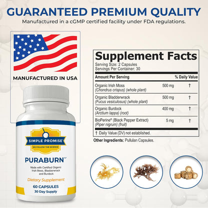 PuraBurn - Irish Sea Moss Capsules for Daily Wellness - Bladderwrack Root | Organic Sea Moss, Nutrient Absorption Support, Bladderwrack and Kelp, Simple 2-Capsule Routine, Non-GMO