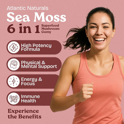 Atlantic Naturals Sea Moss Gummies with Lions Mane, Reishi, Cordyceps, Chaga & Turkey Tail Mushrooms – Irish Sea Moss Gel Alternative – Immunity, Energy & Focus for Adults – 60 Gummies
