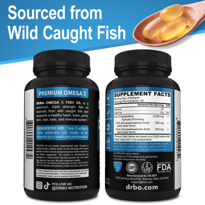 Omega 3 Fish Oil Supplements - Triple Strength Fish Oil Omega 3 Supplements 2000mg EPA DHA Women Men - Triple Strength Natural Omega3 Supplement 2000mg EPA DHA Fatty Acids 1000mg Burpless 60 Softgels