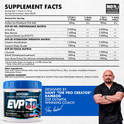 Evogen EVP 3D Stim Free Pre-Workout | Citrus Candy | 40 Servings | Arginine nitrate, L-citrulline, beta-alanine and creatine with lion's mane, L-tyrosine and DMAE for pumps and focus