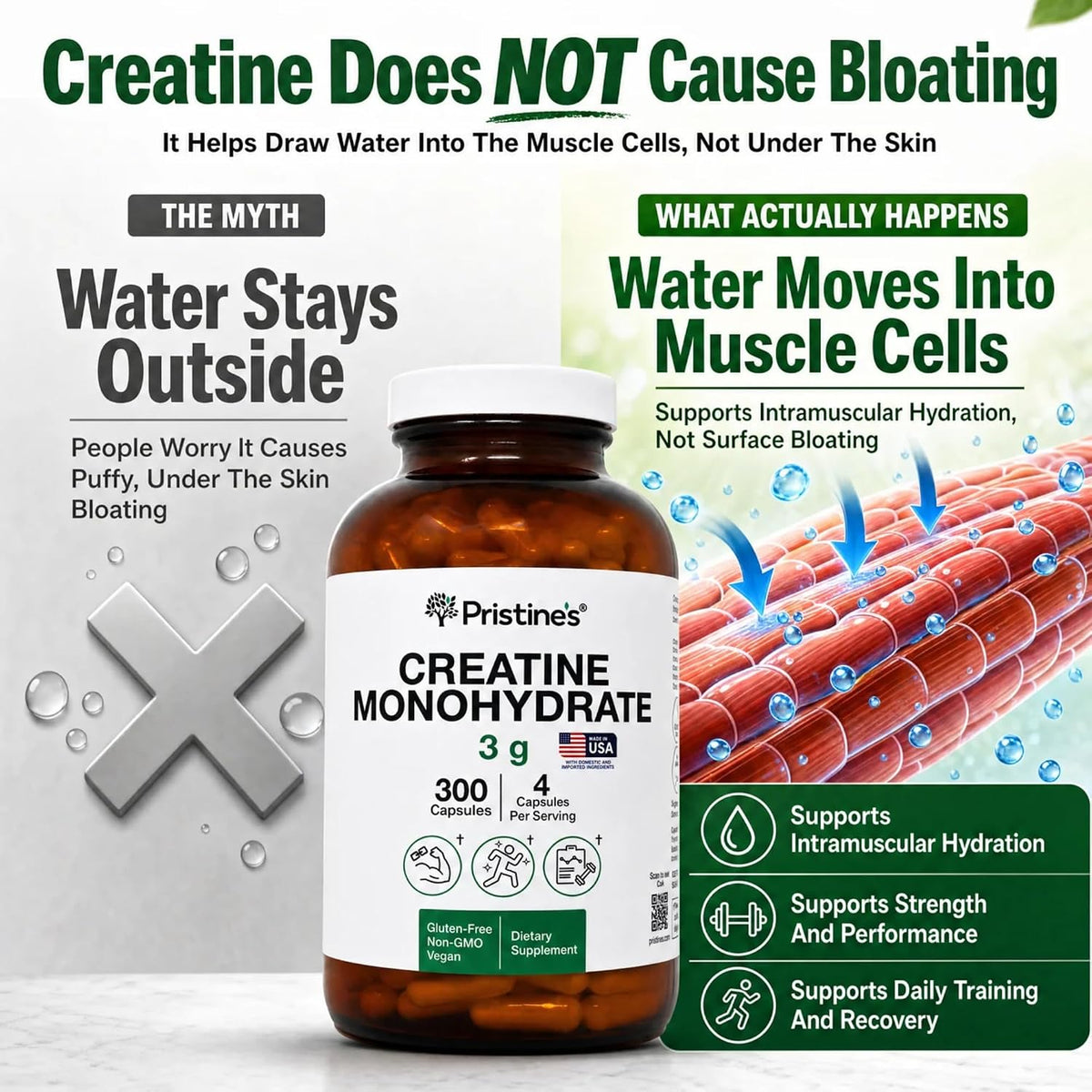 PRISTINE'S NSF Certified Creatine Monohydrate 3g Capsules, 75 Servings | Vegan, non-GMO and gluten-free. NSF Certified creatine capsules with 75 servings and no powder scoop, mixing, grit or flavor