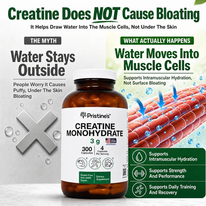 PRISTINE'S NSF Certified Creatine Monohydrate 3g Capsules, 75 Servings | Vegan, non-GMO and gluten-free. NSF Certified creatine capsules with 75 servings and no powder scoop, mixing, grit or flavor