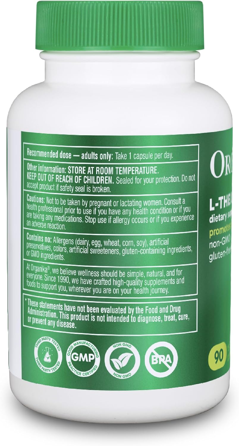 Organika L-Theanine Supplement 8 oz - 90 Capsules: 90 Day Supply of Clean Bioavailable L Theanine for Relaxation, Balance, and Calm - Easy-to-Swallow Single Capsule Servings