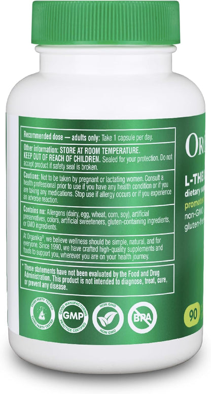 Organika L-Theanine Supplement 8 oz - 90 Capsules: 90 Day Supply of Clean Bioavailable L Theanine for Relaxation, Balance, and Calm - Easy-to-Swallow Single Capsule Servings