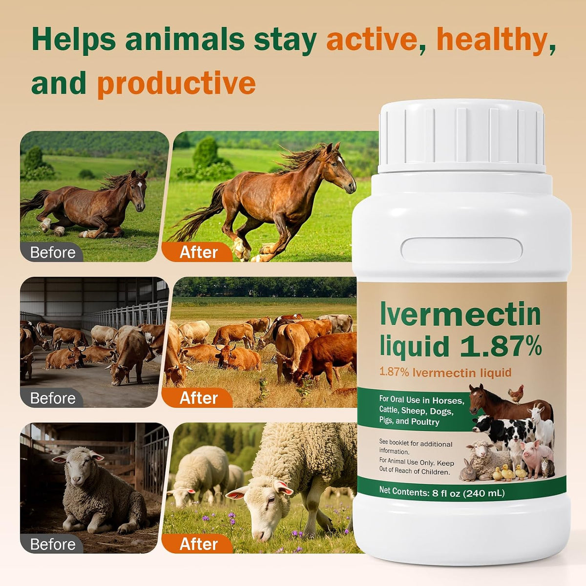 Ivermectin Solution for Sheep, Poultry & More, 240ml Ivermectin | Gut Health, Promotes Immune & Digestive Support