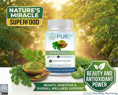 PURE® Moringa Extract 550 mg - 90 Vegetable Capsules - 10:1 Organic Leaf Extract - Nutrient Dense Superfood for Energy, Beauty, & Digestion - Non-GMO, Vegan, Made in USA
