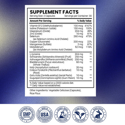 Research Verified® Thyroid Aid - Optimal Thyroid Function with Iodine Copper & Zinc - 260 mcg Selenium - 100% Pure - Vegan Friendly - 60 Capsules - 1 Month Supply
