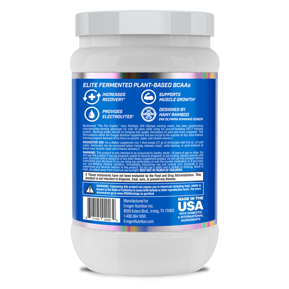 Evogen AminoJect Recovery Formula | Watermelon | 30 Servings | 6g fermented plant-based BCAAs, 5g glutamine, electrolytes, betaine and L-citrulline for hydration and endurance