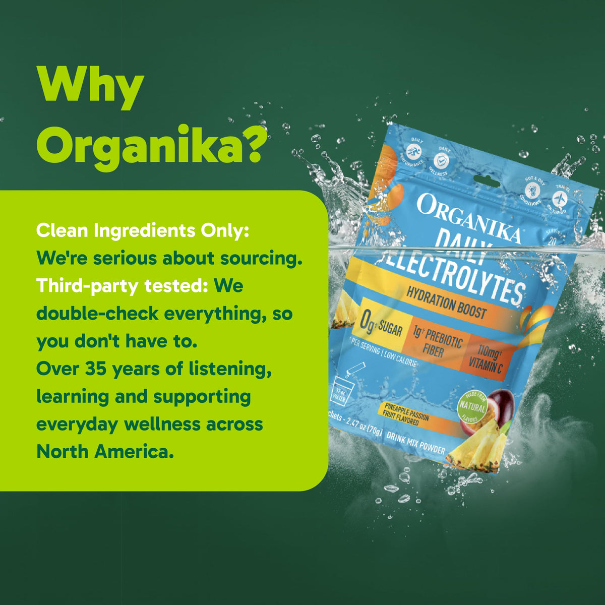 Organika Daily Electrolytes Powder Variety Pack with Vitamin C & Prebiotic Fiber – 21 Single-Serve Sachets (Lemonade, Raspberry, Pineapple Passion Fruit), Sugar-Free, Caffeine-Free