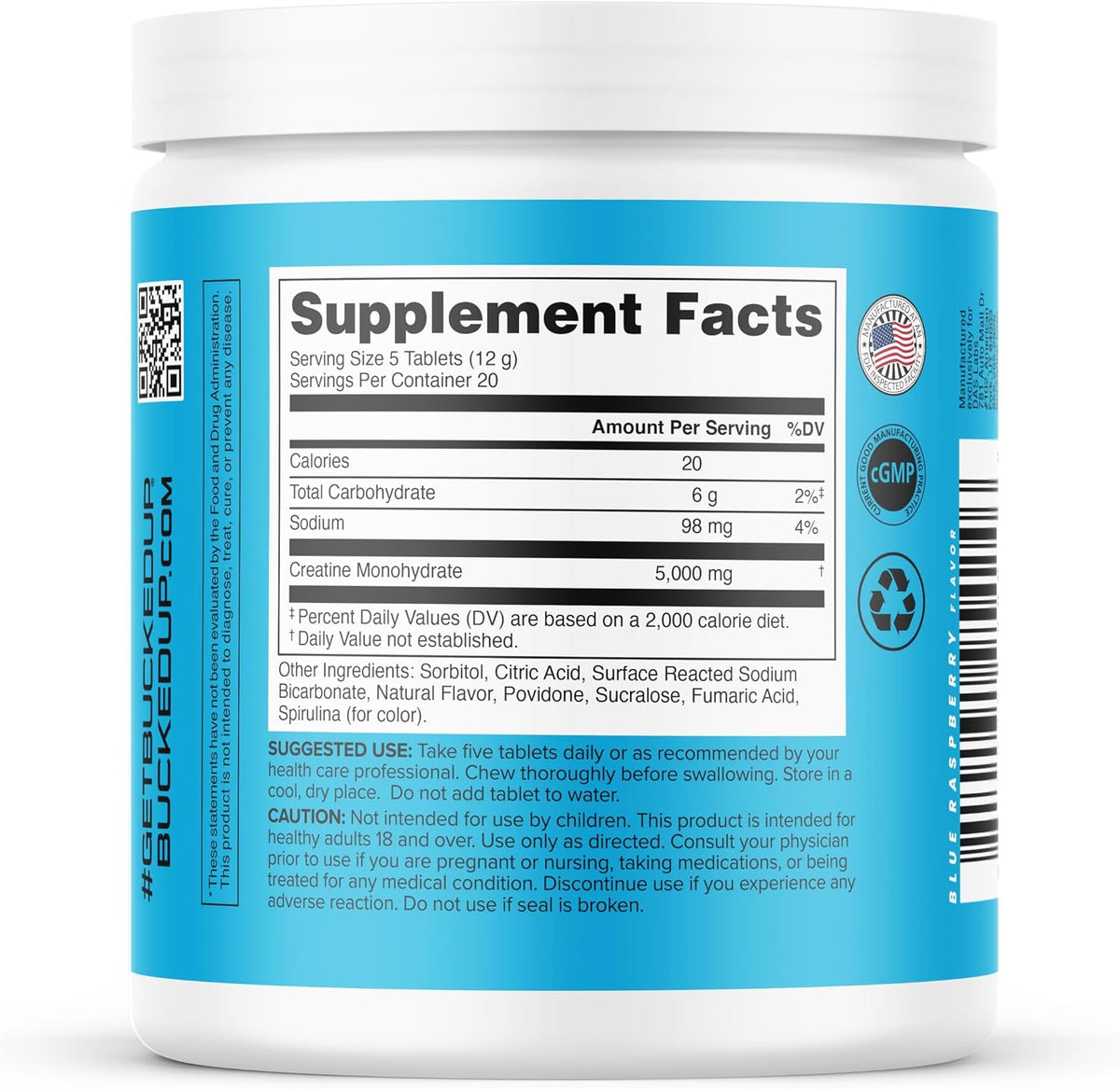 Bucked Up Creatine Candy Blue Raz | Micronized Creatine Monohydrate | 120 Chewable Tablets, 24 Servings | Fizzy Creatine No Water Needed | Non GMO Gluten Free Third Party Tested