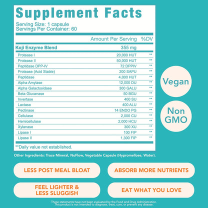 Let Loose Koji Digestive Enzymes Supplement for Bloating Relief (60 Count) | Supplement for Women & Men, Nutrient Absorption & Gut Health Support, Breaks Down Protein, Carbs & Fats, 16-Enzyme Complex