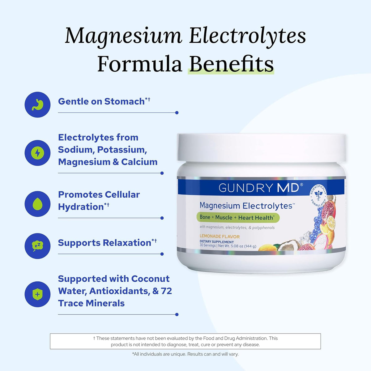 Gundry MD® Magnesium Electrolytes, Lemonade Flavor Powder, 30 Servings | Marine-Sourced Magnesium, Key Electrolytes, Easy Absorption, Supports Hydration & Restorative Sleep, No Artificial Sweeteners