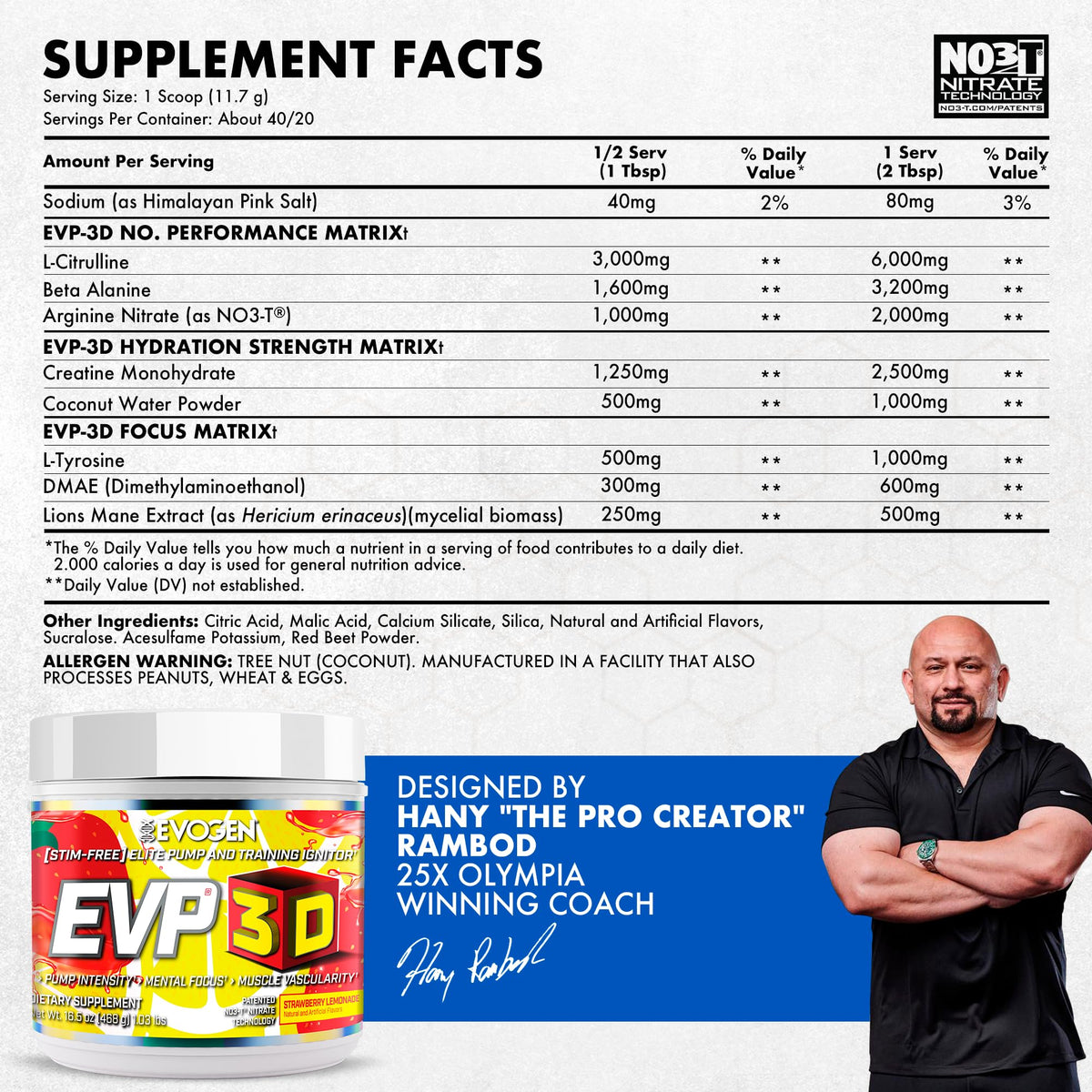 Evogen EVP 3D Stim Free Pre-Workout | Citrus Candy | 40 Servings | Arginine nitrate, L-citrulline, beta-alanine and creatine with lion's mane, L-tyrosine and DMAE for pumps and focus