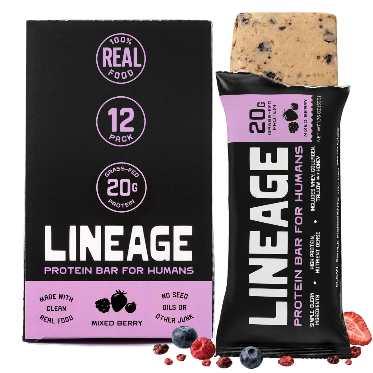 Lineage Provisions Chocolate Protein Bars, 12 Pack | 20g grass fed whey protein & collagen, gluten free, no seed oils, nothing artificial, with raw honey