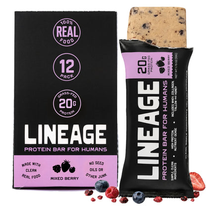 Lineage Provisions Chocolate Protein Bars, 12 Pack | 20g grass fed whey protein & collagen, gluten free, no seed oils, nothing artificial, with raw honey
