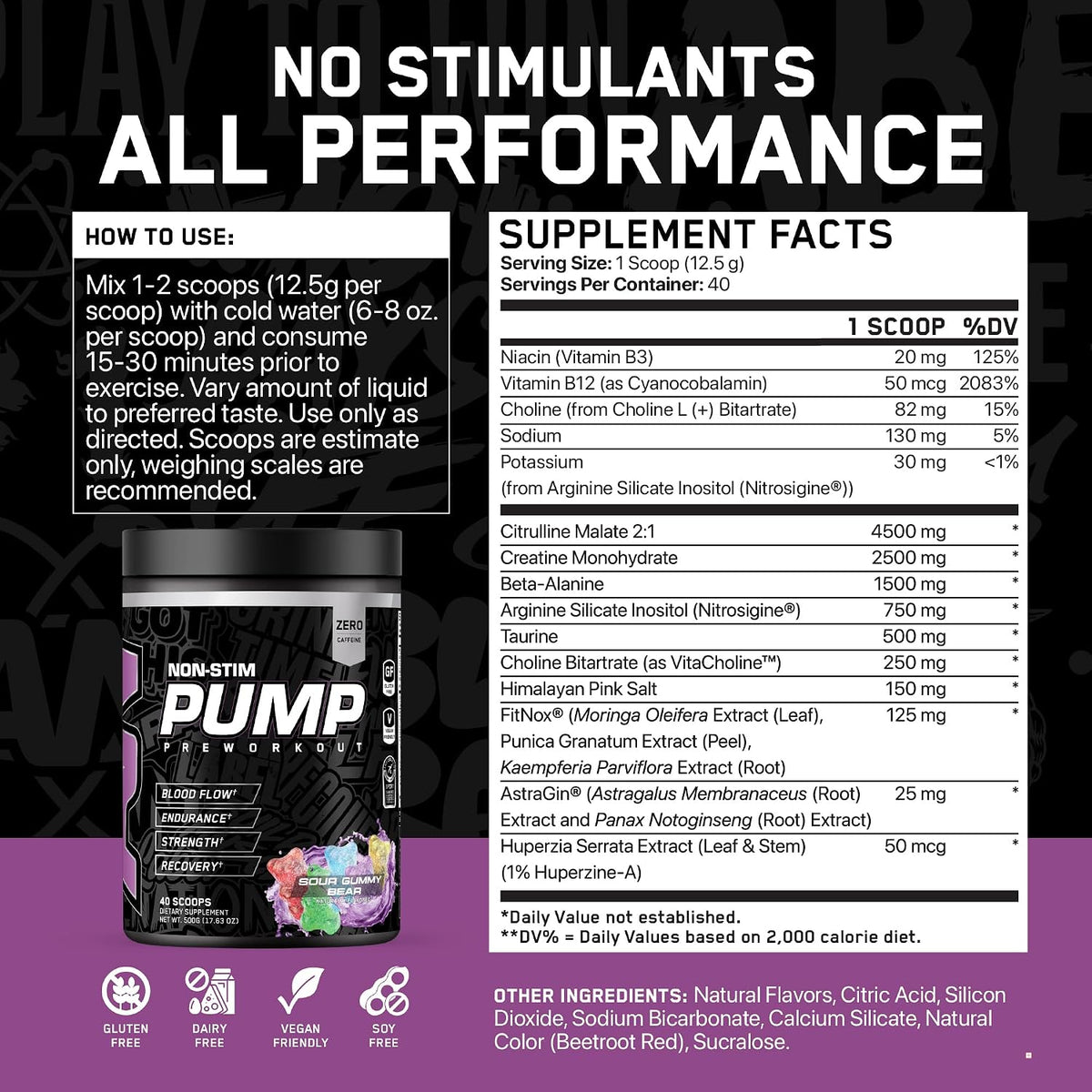 All Black Everything Non Stim Pre-Workout | Preworkout Energy Drink Mix | Caffeine Free | Creatine, Beta Alanine & Citrulline | Energy Supplement for Men & Women | Sour Gummy Bear | 40 Servings