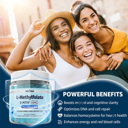 L-MethylFolate 15mg & Methyl B12 Gummies, Methylated B1, B2, B6 Multivitamins - Active 5-MTHF & High Absorption - Supports MTHFR Gene, Cognition, Homocysteine Levels, Folate Metabolism, Vegan, 120 Cts