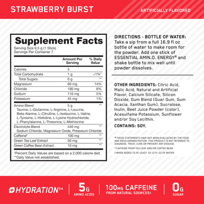 Optimum Nutrition, Amino Energy Powder Plus Focus, with Bcaa, Electrolytes, and Caffeine, Watermelon, 30 Servings | Contains BCAAs, Electrolytes, 100 mg Caffeine, 5g Amino Acids, Zero Sugar, Supports Hydration, Banned Substance Tested