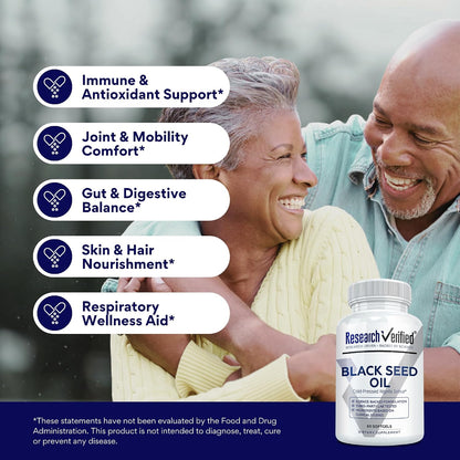 Research Verified Black Seed Oil - 60 Softgels - Boost Immunity, Support Digestion, Improve Respiratory Function - Cold-Pressed - 2% Thymoquinone (TQ)