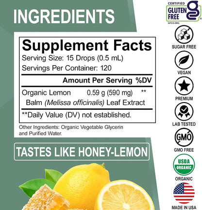 Organic Lemon Balm Extract Tincture - Organic Lemon Balm Leaf Liquid Extract Drops Oil Melissa Officinalis, Calm Relaxation Tea Supplements - Vegan Liquid Drops Tincture Supplement, Kids & Adults 2oz