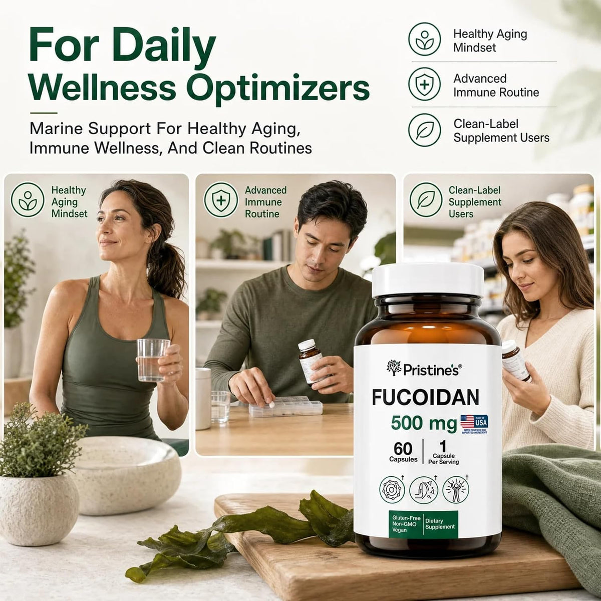 PRISTINE'S Fucoidan 500mg Brown Seaweed Extract Capsules, Vegan, 60 Count | Marine wellness support from brown seaweed extract. 60 count glass bottle, vegan, non-GMO, gluten-free, third-party tested