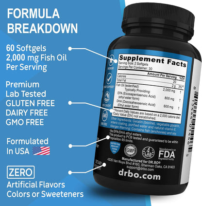 Omega 3 Fish Oil Supplements - Triple Strength Fish Oil Omega 3 Supplements 2000mg EPA DHA Women Men - Triple Strength Natural Omega3 Supplement 2000mg EPA DHA Fatty Acids 1000mg Burpless 60 Softgels