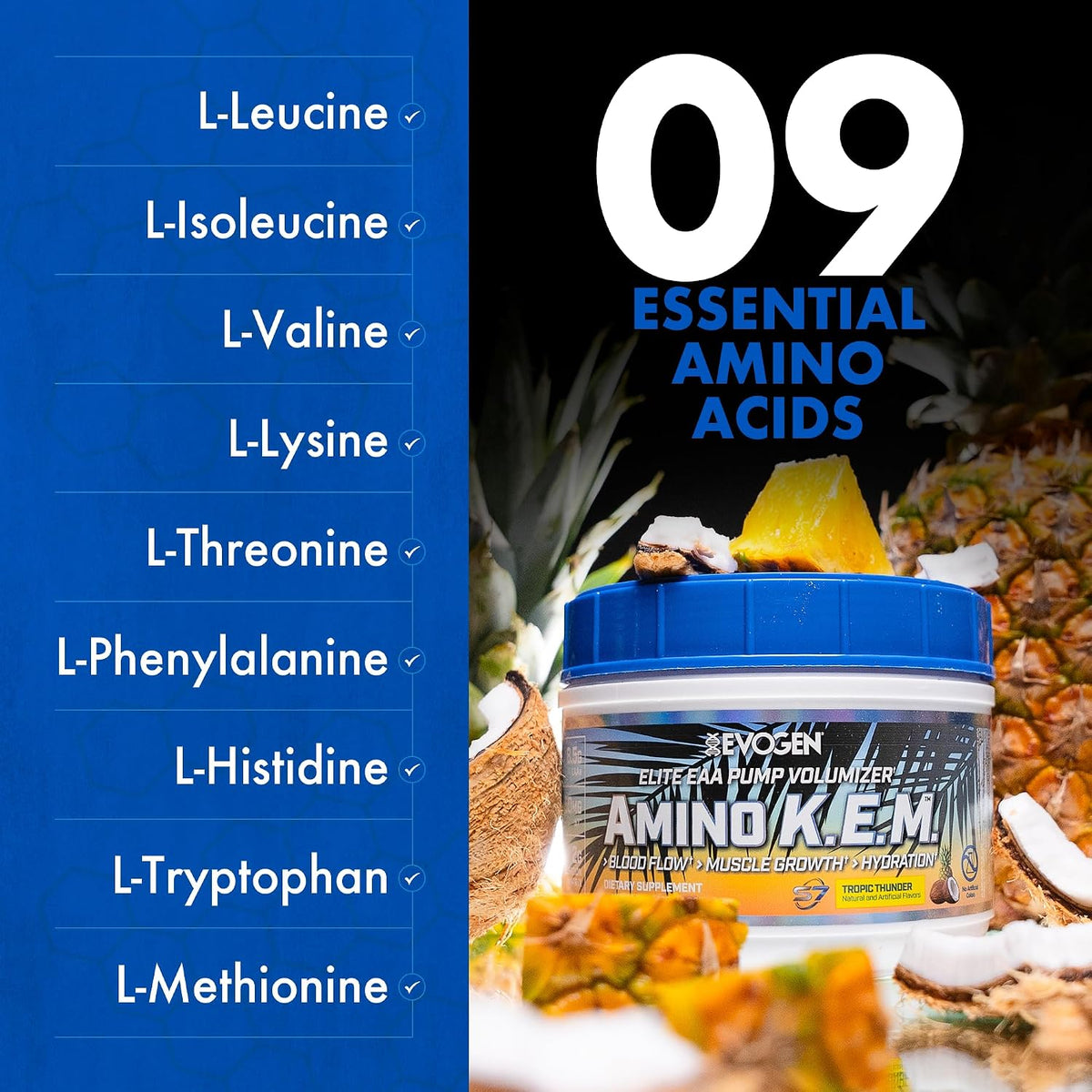 Evogen Amino K.E.M. EAA & BCAA | Tropic Thunder | 30 Servings | S7 nitric oxide blend with betaine anhydrous, coconut water and leucine for blood flow, muscle growth, hydration and recovery