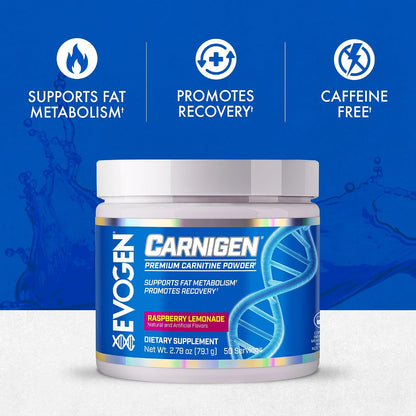 Evogen Carnigen Supports Energy and Metabolism | Raspberry Lemonade | 50 Servings