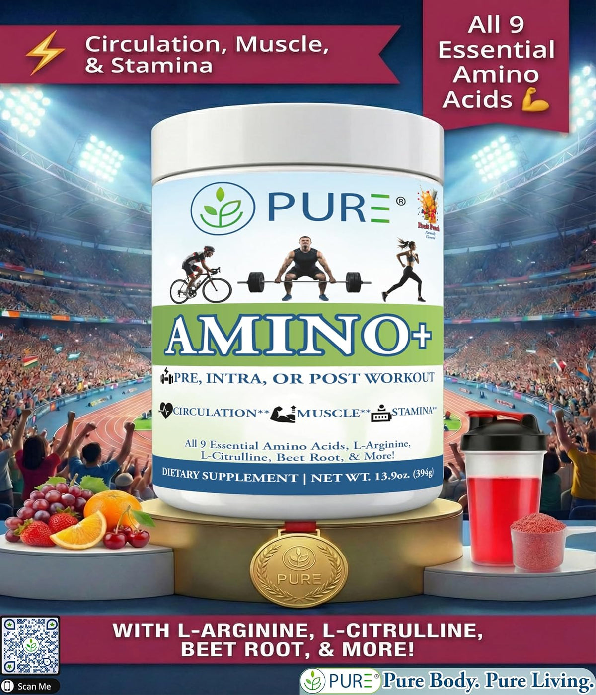 PURE® Amino+ Essential Amino Acids Powder - 30 Servings, 500g - Full Spectrum EAA with L-Arginine, L-Citrulline & Beet Root - Muscle Recovery & Hydration Drink - Fruit Punch Flavor, Made in USA
